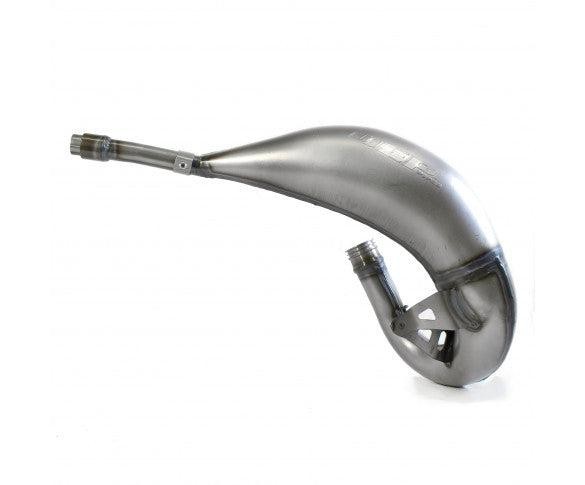 Silver stainless steel exhaust front pipe with a curved design, featuring DEP branding, designed for Fantic XX125 & XE125 models from 2022 onwards.