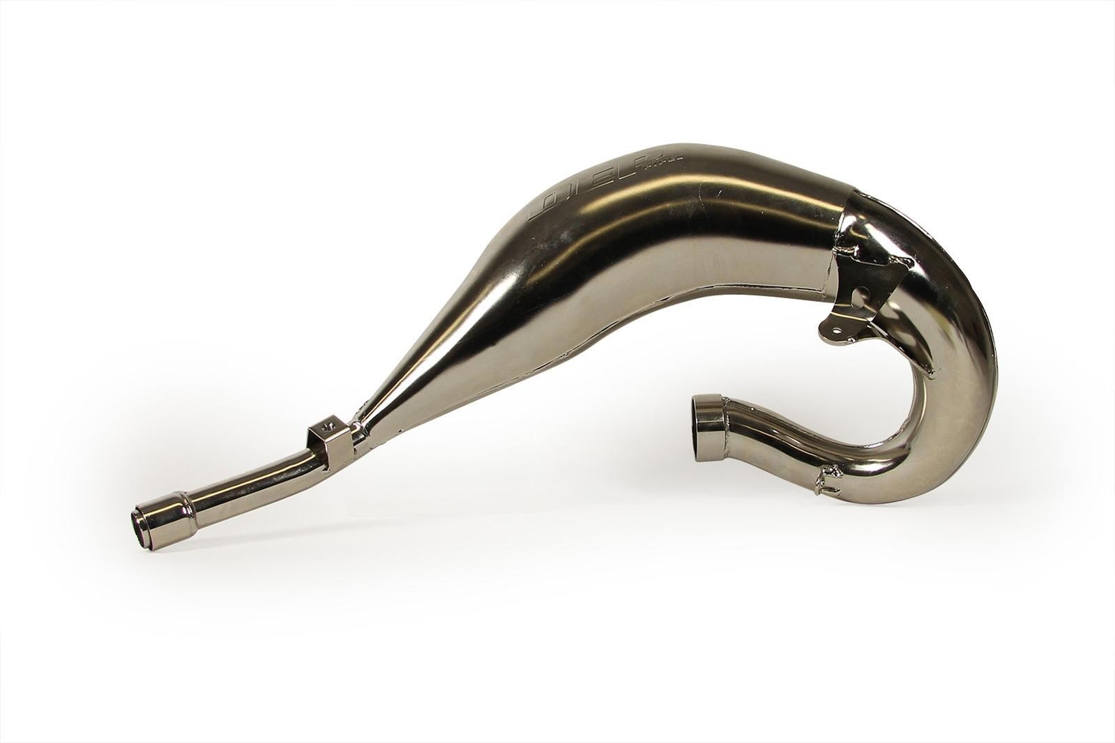 Nickel-plated exhaust front pipe for Honda CR125 (1990-97) featuring a curved design and smooth finish, designed for optimal performance and durability.