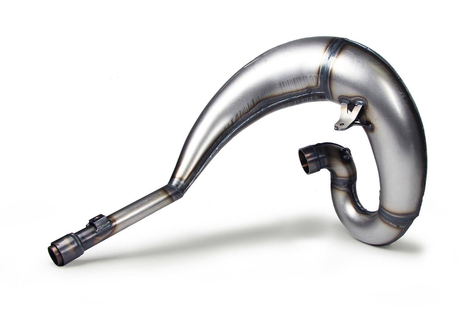 Silver metal exhaust front pipe with a curved design, featuring welded seams and two connecting ends, specifically designed for Honda CR125 models from 1990 to 1997.