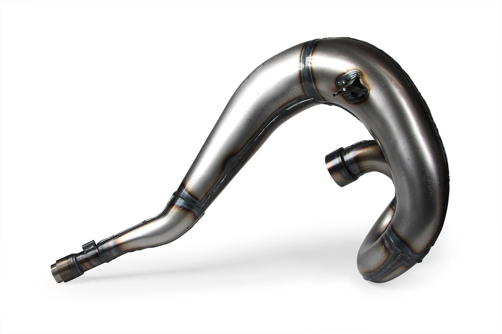 Shiny stainless steel exhaust front pipe with smooth curves and welded joints, designed for Honda CR500 models from 1989 to 2003.