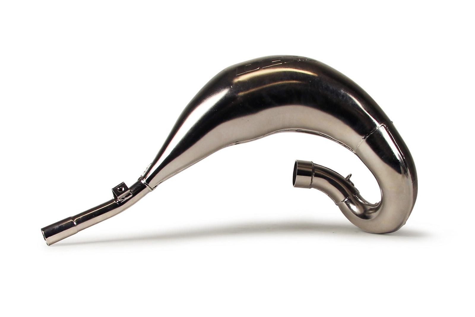 Nickel-plated exhaust front pipe for Honda CR80/CR85 (1996-2004) with a smooth, curved design and a single outlet for optimal performance.
