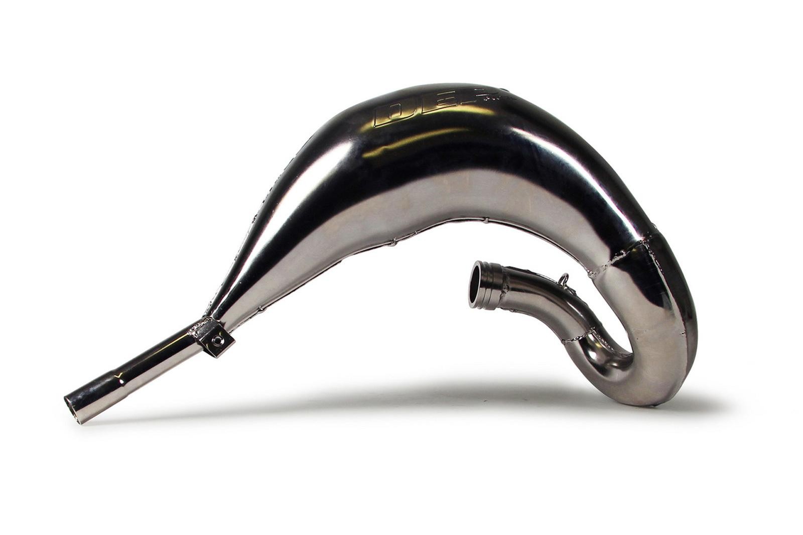 Nickel-plated exhaust front pipe for Honda CR85 (2005-2010), featuring a smooth, curved design with DEP branding and a polished finish.