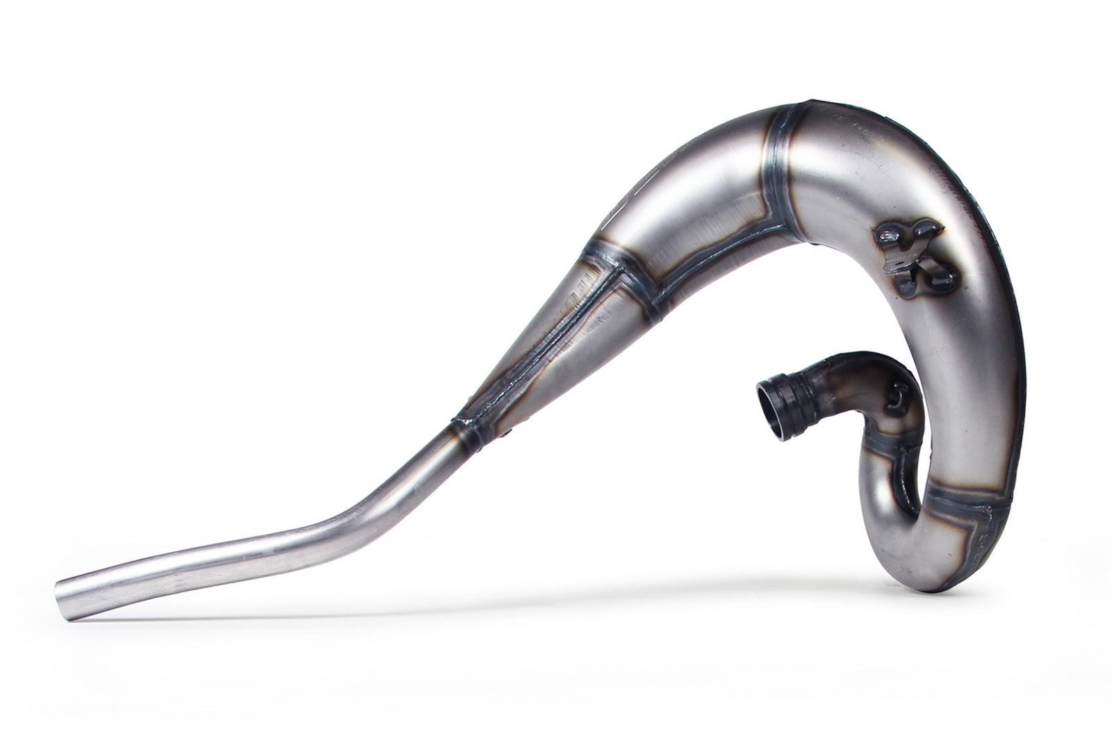 Silver stainless steel exhaust front pipe with a curved design, featuring welded joints and a connector for Husqvarna CR250 models from 2000 to 2012.