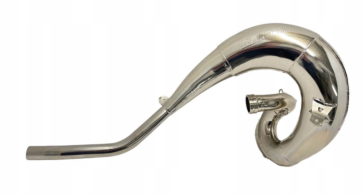 Nickel-plated exhaust front pipe with a curved design, featuring a smooth finish and a connection point, compatible with Husqvarna CR250 and WR 250/300 models from 2000 to 2010.