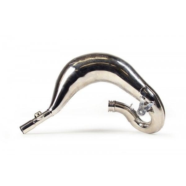 Nickel-plated exhaust front pipe with a smooth, curved design, specifically for Kawasaki KX65 and Suzuki RM65 models from 2000 to 2010.