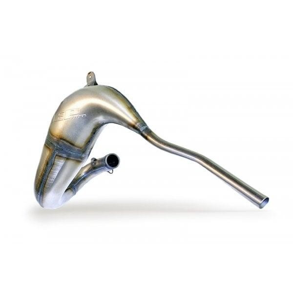 Silver stainless steel exhaust front pipe with a curved design, featuring DEP branding and a smooth finish, designed for Kawasaki KX85 models from 2001 onward.