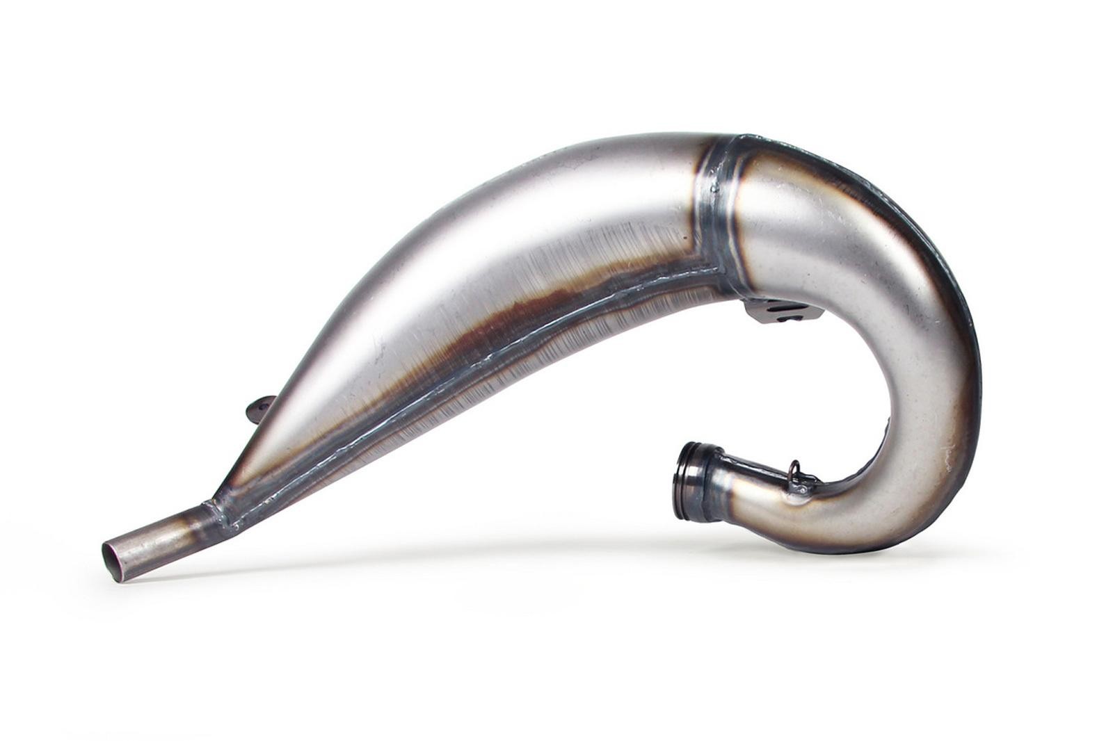 Silver stainless steel exhaust front pipe with a curved design, featuring a smooth finish and a black rubber connector, designed for KTM SX 125/150 models from 2007 to 2010.
