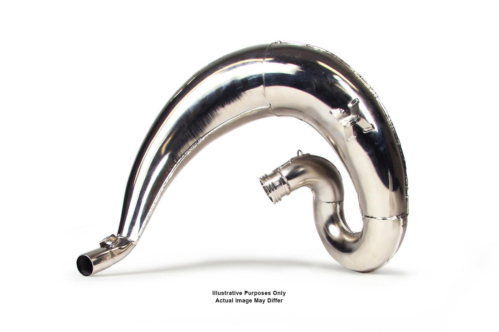 Nickel-plated exhaust front pipe with a curved design, featuring a smooth, shiny surface and a connector at one end, compatible with various KTM and Husqvarna models.
