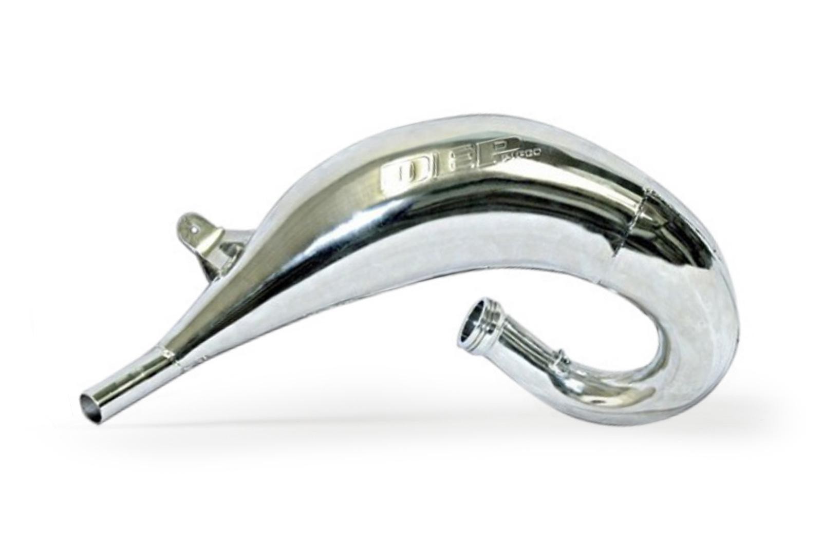 Nickel-plated exhaust front pipe with a sleek, curved design, featuring the DEP logo, compatible with various KTM and Husqvarna models from 2011 to 2016.