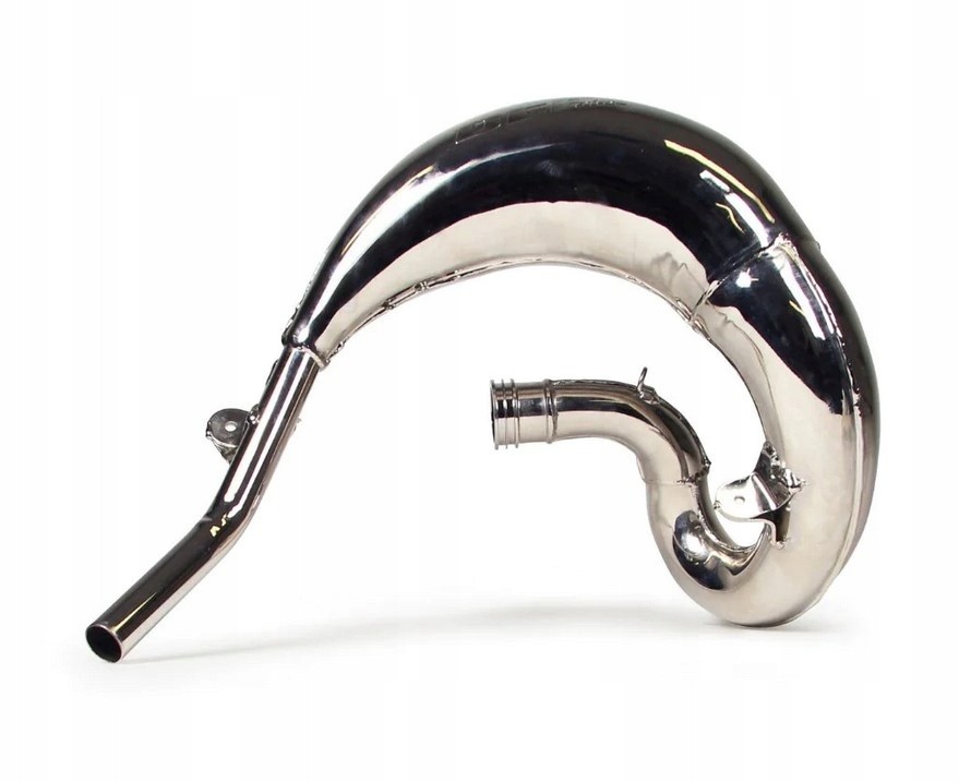 Nickel-plated exhaust front pipe for KTM SX65 (2016-on), featuring a smooth, shiny surface with a curved design and a single outlet for optimal performance.