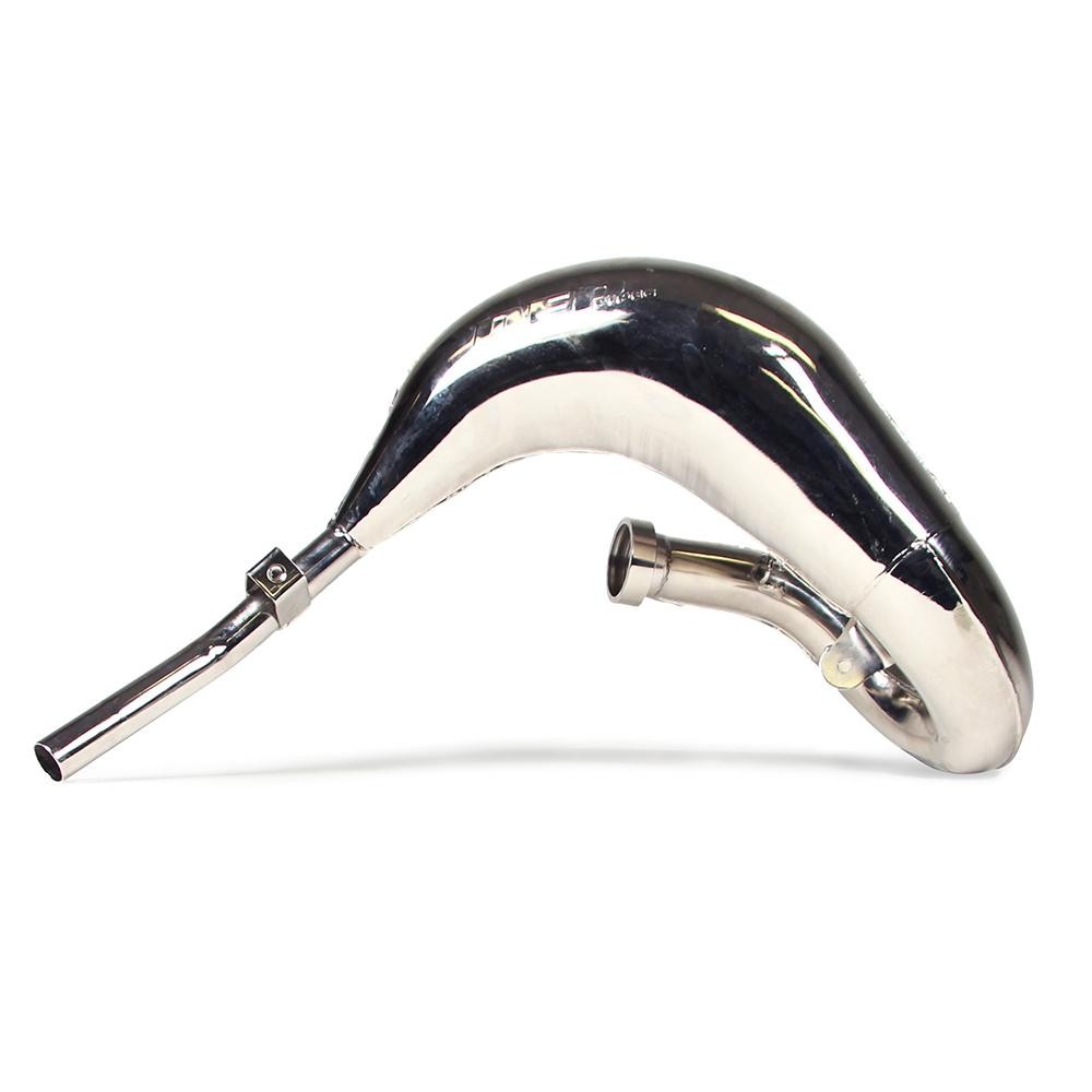 Nickel-plated exhaust front pipe with a curved design, featuring a smooth finish and two outlet ends, designed for KTM SX85 and Husqvarna TC85 models from 2018 onwards.