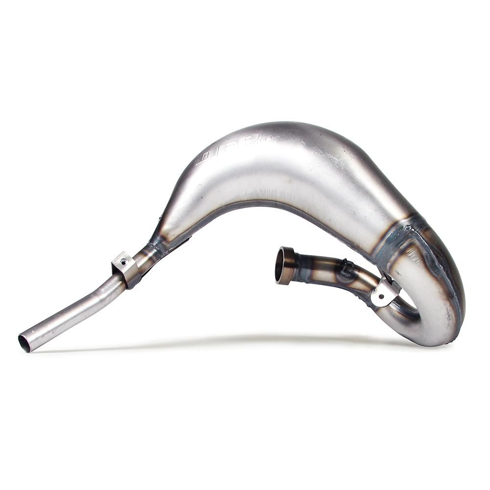 Silver stainless steel exhaust front pipe with a curved design, featuring welded joints and two attachment points, designed for KTM SX85 and Husqvarna TC85 models from 2018 onward.