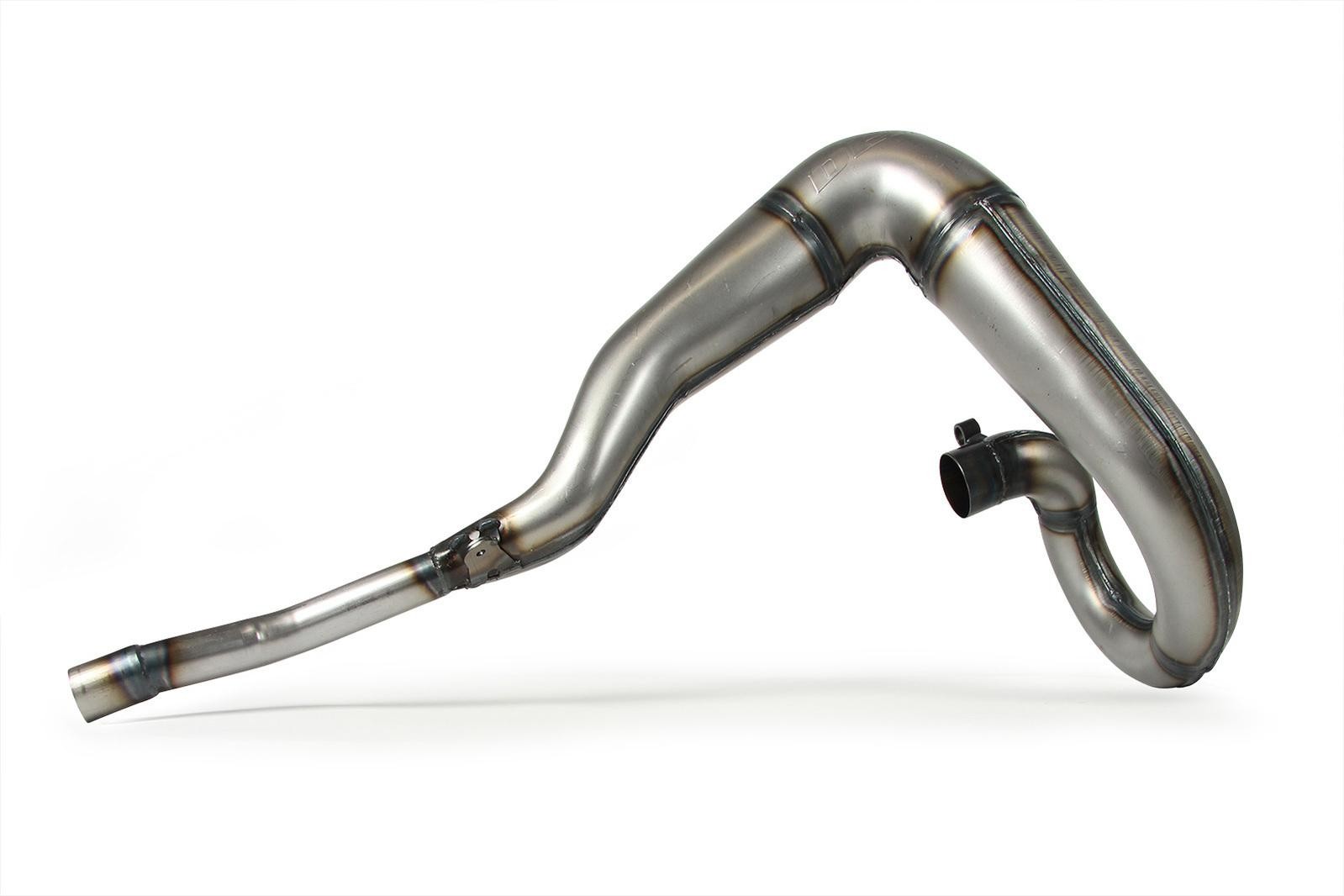 Silver exhaust front pipe with a curved design, featuring welded seams and a black connector, designed for Maico 400/490 models from 1981.