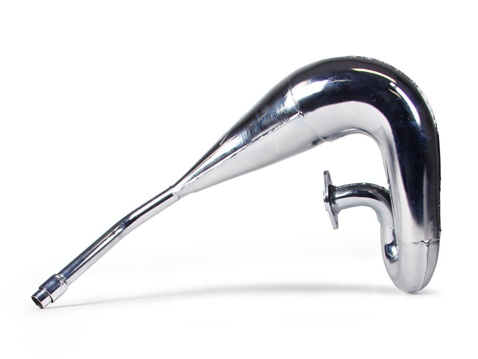 Chrome exhaust front pipe designed for Yamaha DT 125/200R 1988, featuring a sleek, curved shape and a single outlet for optimal performance.