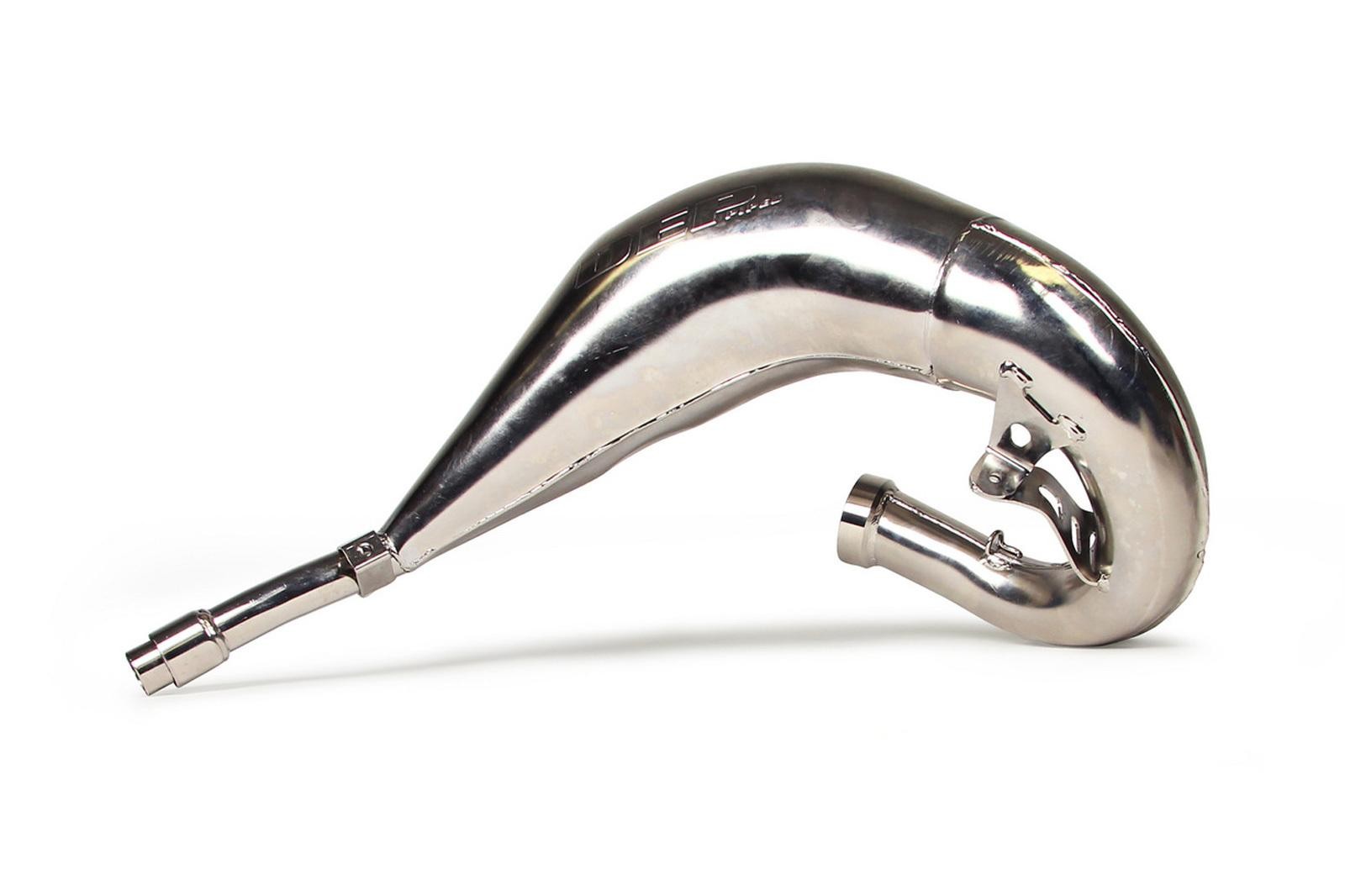 Nickel-plated exhaust front pipe designed for Yamaha DT125R (1989-2003), featuring a smooth, curved shape and polished finish for enhanced durability and performance.