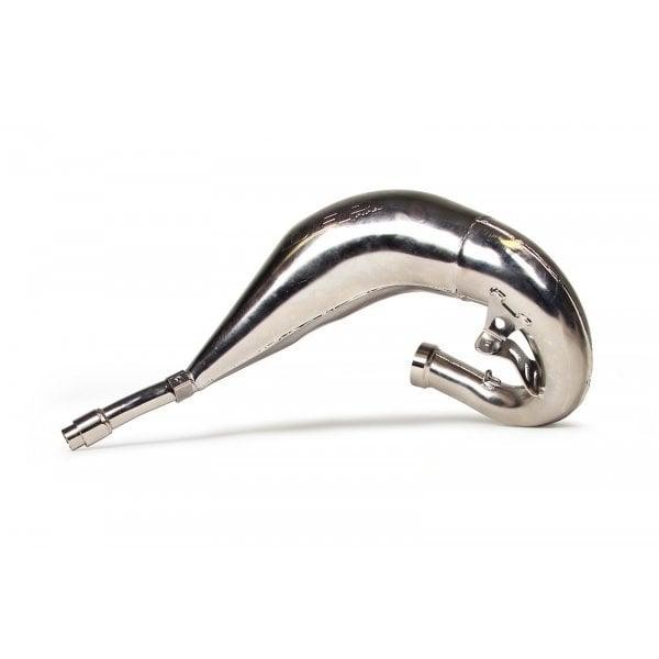 Nickel exhaust front pipe for Yamaha DT125RE & DT125X (2004-08), featuring a sleek, curved design with smooth, shiny surface and a tapered end for optimal performance.