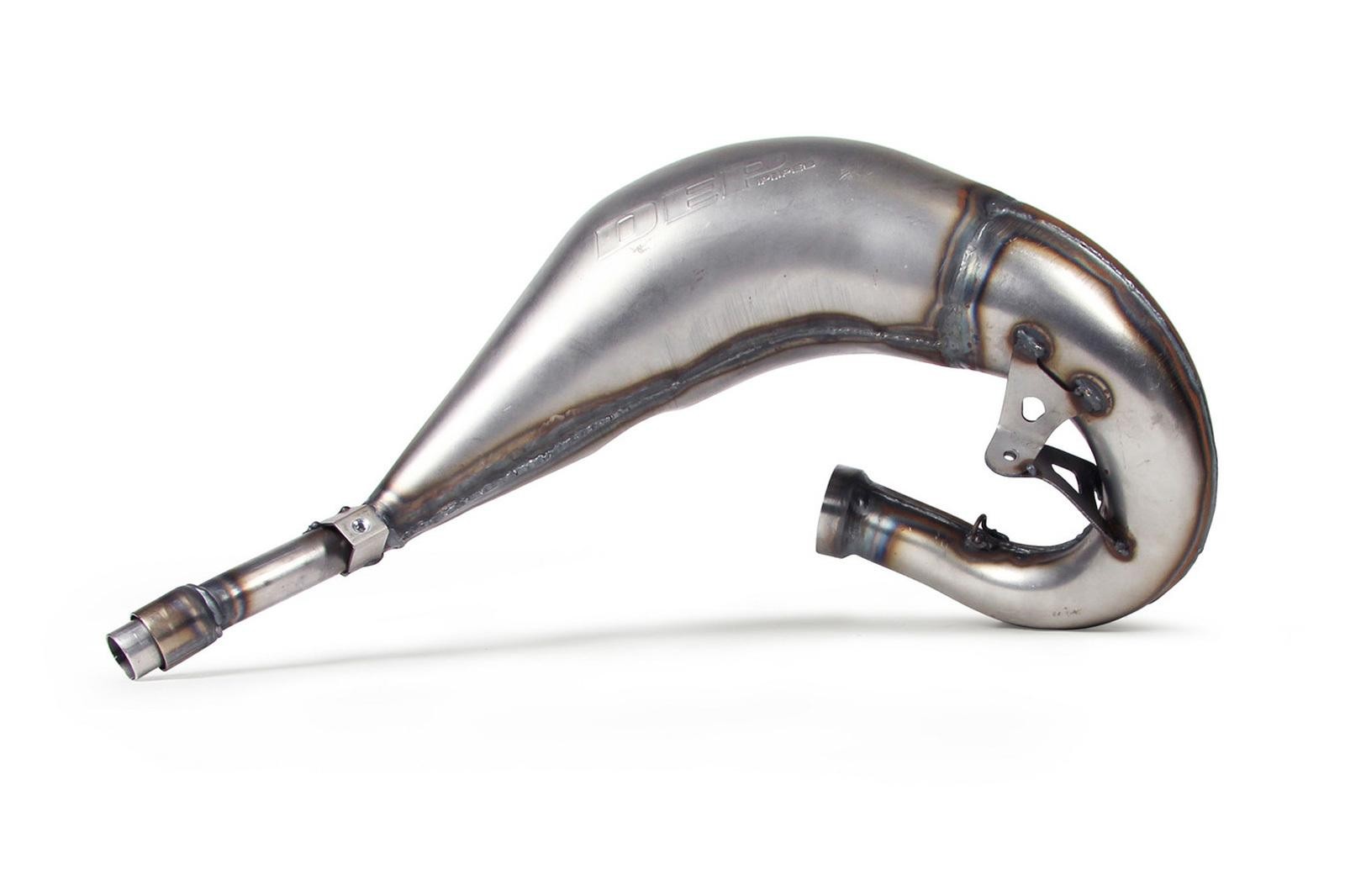 Silver metal exhaust front pipe with a curved design, featuring welded seams and a mounting bracket, designed for Yamaha YZ 125/144 models from 2005 onwards.