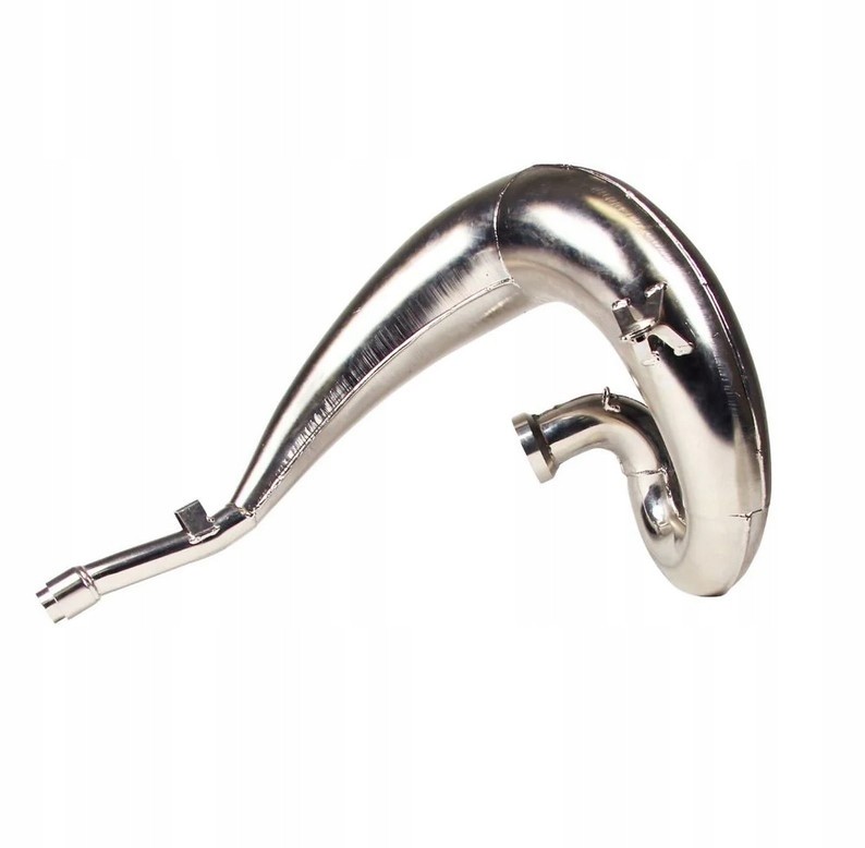 Shiny nickel-plated exhaust front pipe for Yamaha YZ250 (1999-2021) and YZ250X (2016-2021), featuring a curved design and attachment points for easy installation.
