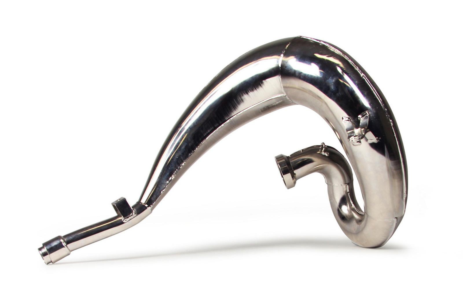Nickel-plated exhaust front pipe with a smooth, curved design, specifically for Yamaha YZ250 (1999-on) and YZ250X (2016-on) models.