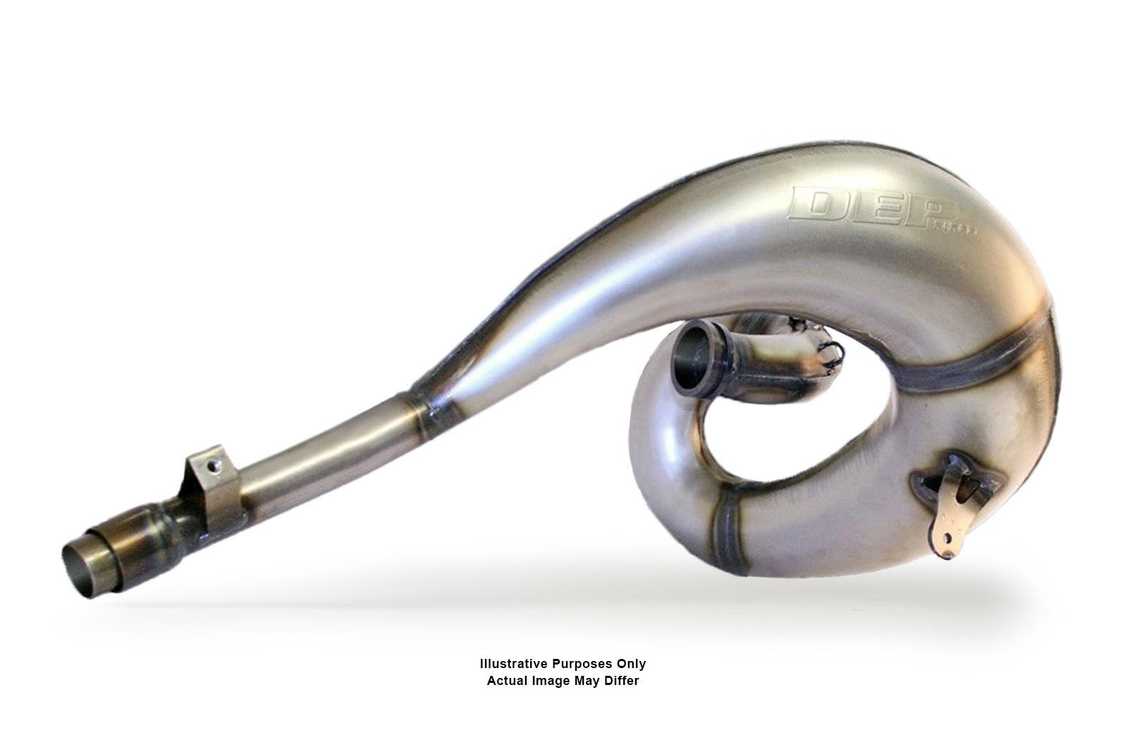 Silver exhaust front pipe with a smooth, curved design, featuring welded joints and mounting brackets, specifically designed for Yamaha YZ85 models from 2019 to 2023.
