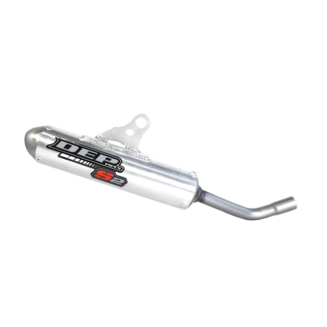 Silver DEP exhaust silencer for Fantic XE125 (2022 onwards) featuring a sleek design, curved outlet, and prominent DEP branding in black and red.