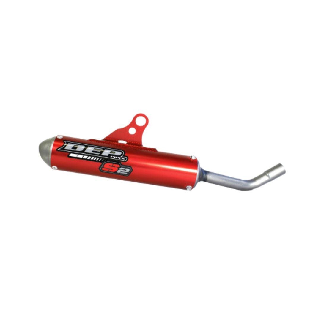 Red DEP exhaust silencer for Fantic XX125 (2022 onwards) features a sleek design with a metallic finish, a curved outlet, and a prominent logo on the side.
