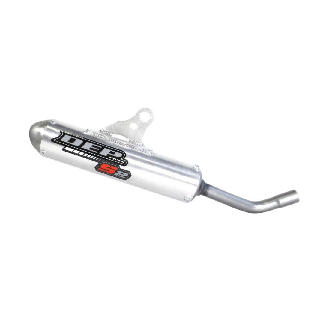 Silver DEP exhaust silencer for Fantic XX125 (2022 onwards), featuring a sleek design, curved outlet, and prominent DEP branding in red and black.