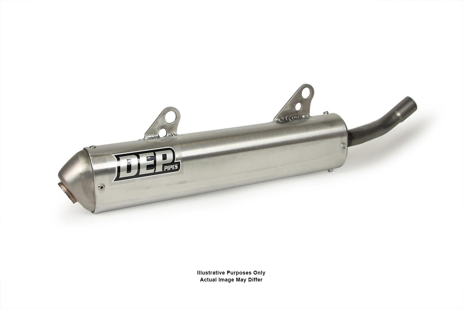 Silver stainless steel exhaust silencer with a tapered design, featuring the "DEP" logo, two mounting brackets, and a curved outlet pipe, designed for Gas Gas EC125 models from 2001 to 2012.