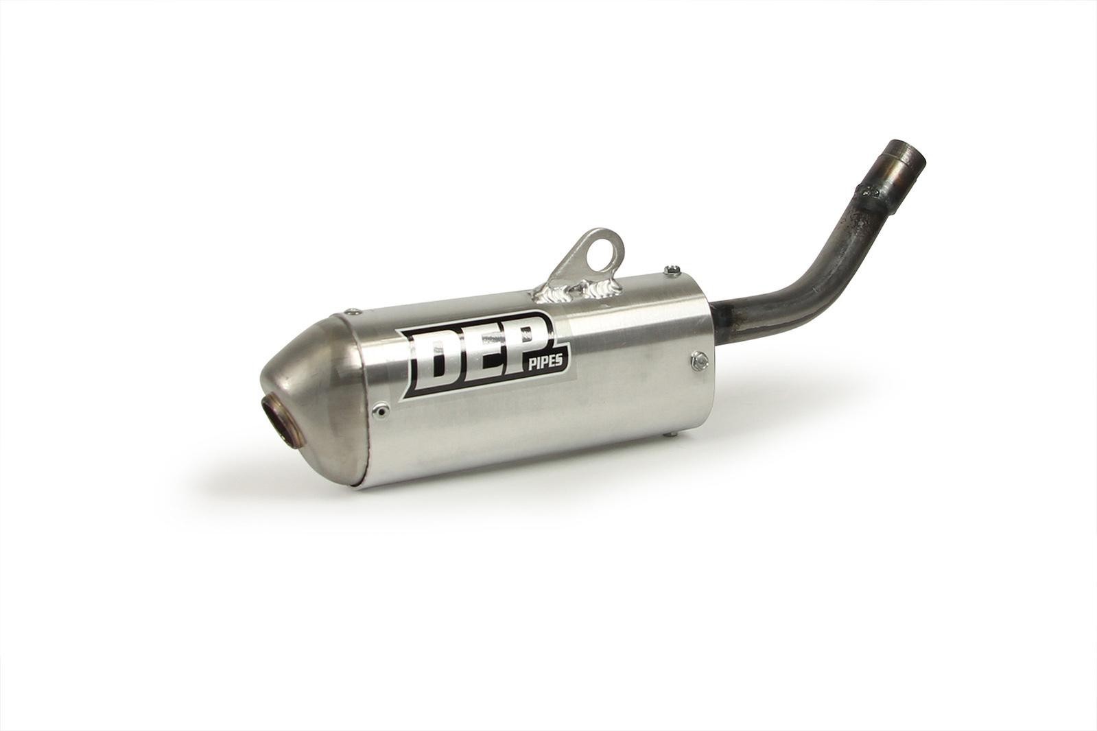 Round stainless steel exhaust silencer for Honda CR125 (1991-92) featuring a polished finish, DEP branding, and a curved outlet pipe.