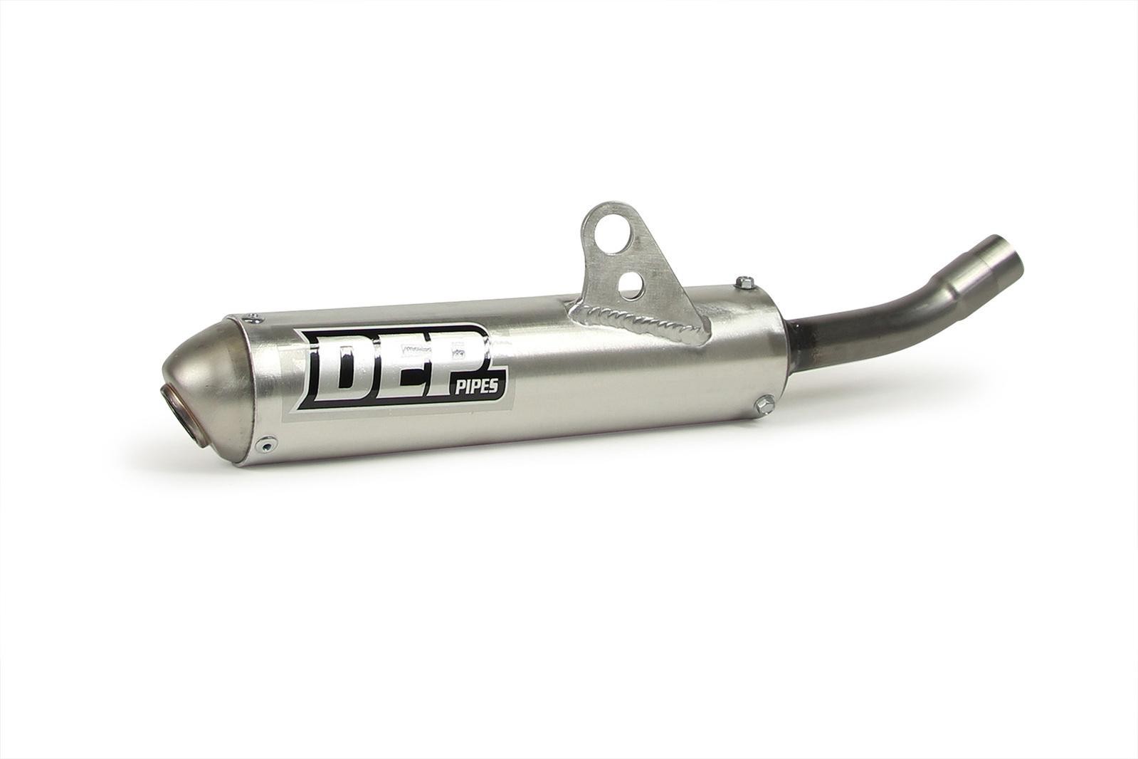 Silver metal exhaust silencer with a short, cylindrical design, featuring a black DEP logo, a curved outlet pipe, and a mounting bracket for Honda CR125 models from 2002 onward.