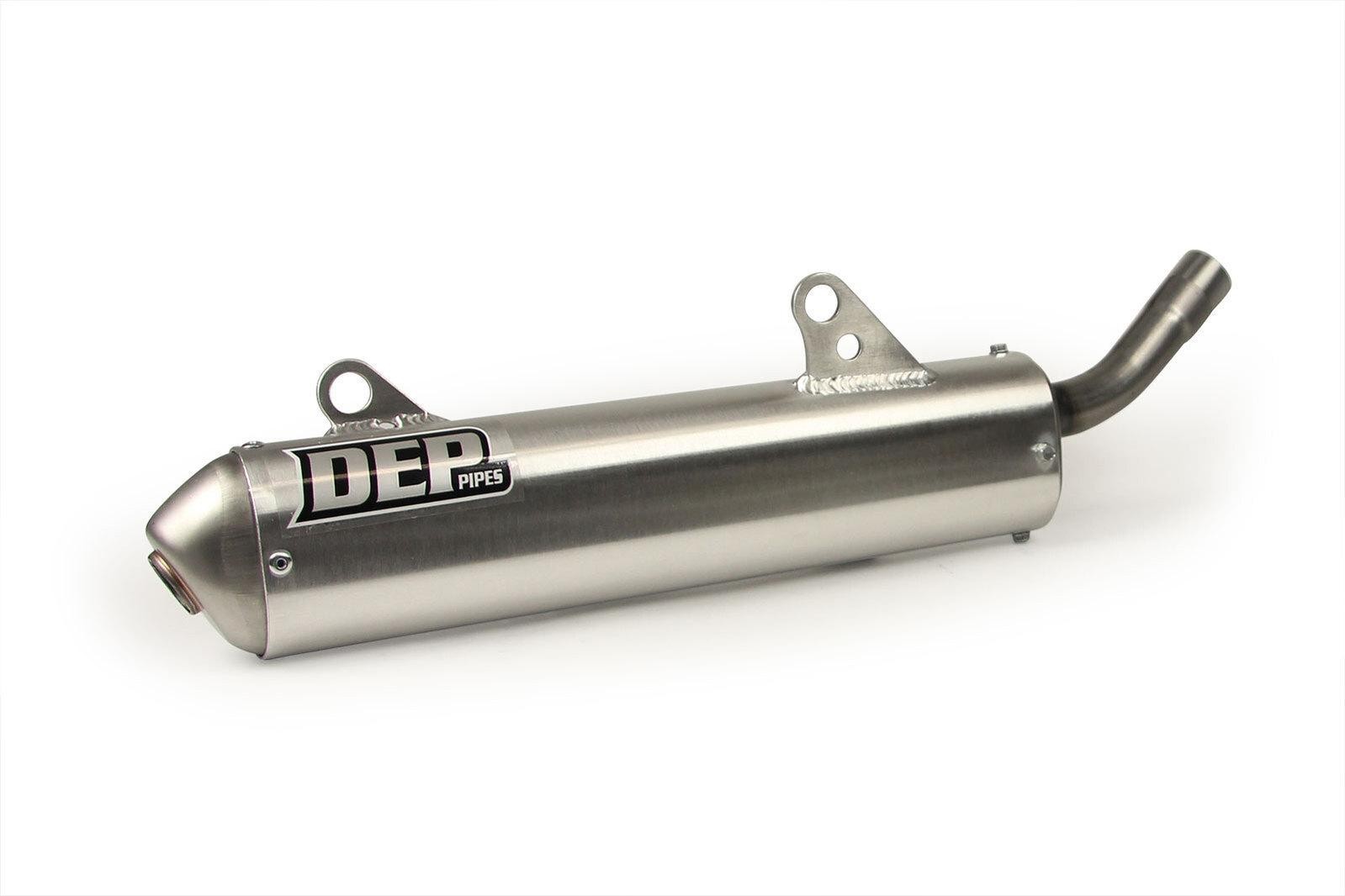 Silver oval exhaust silencer for Honda CR250 (1990-91) with a polished finish, featuring a prominent DEP logo and a curved outlet pipe.