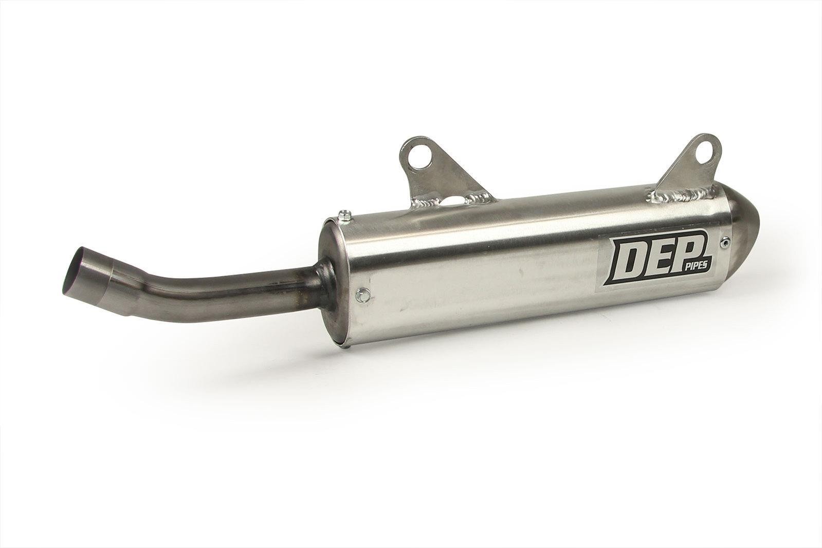 Silver metal exhaust silencer with a curved outlet, featuring the "DEP" logo in black, designed for Honda CR250 models from 2002 to 2010.