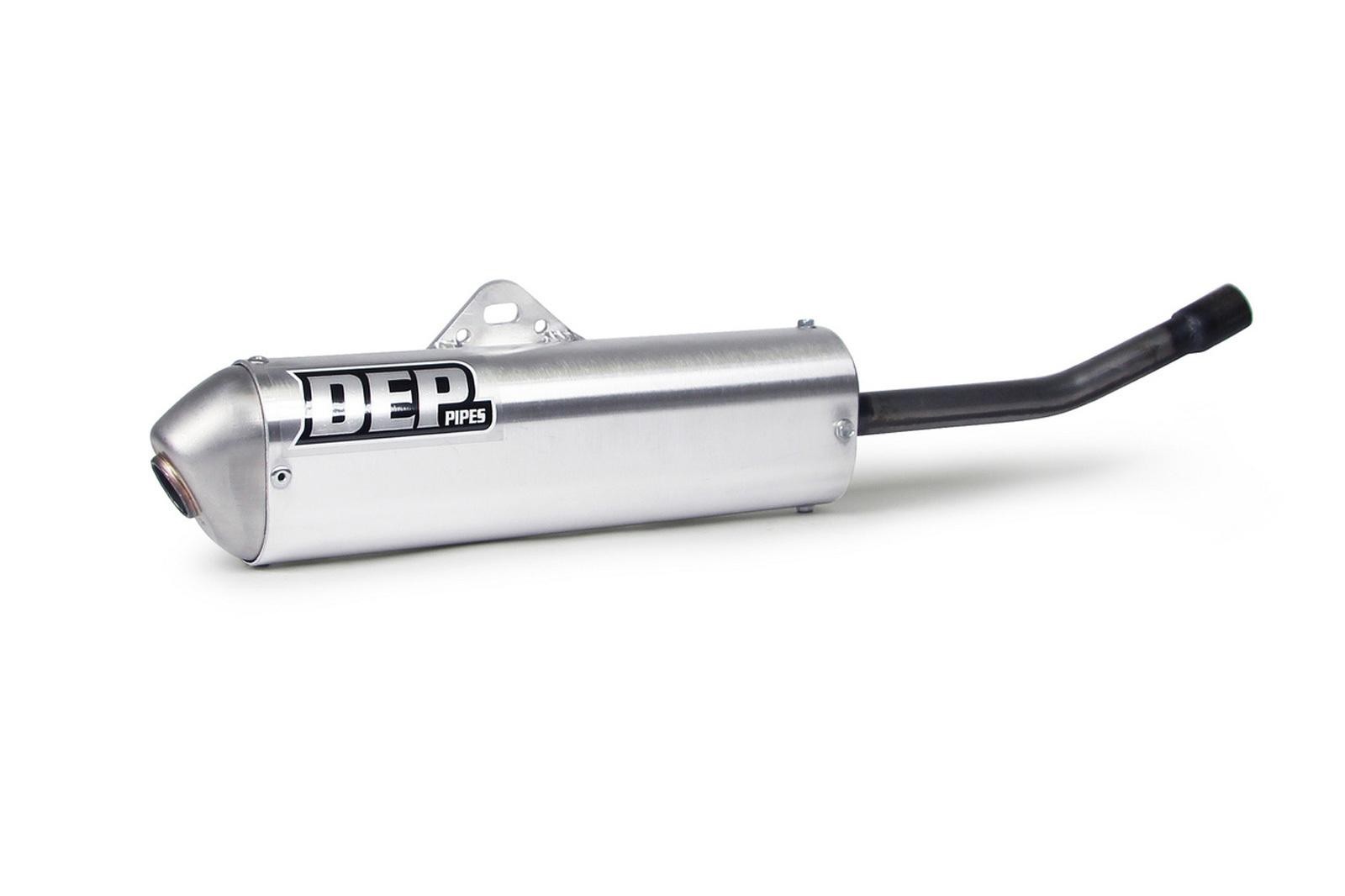 Silver metal exhaust silencer with a polished finish, featuring a tapered end, a black exhaust pipe, and a prominent black DEP logo on the side, designed for Honda CRM125 models from 1994 to 1996.