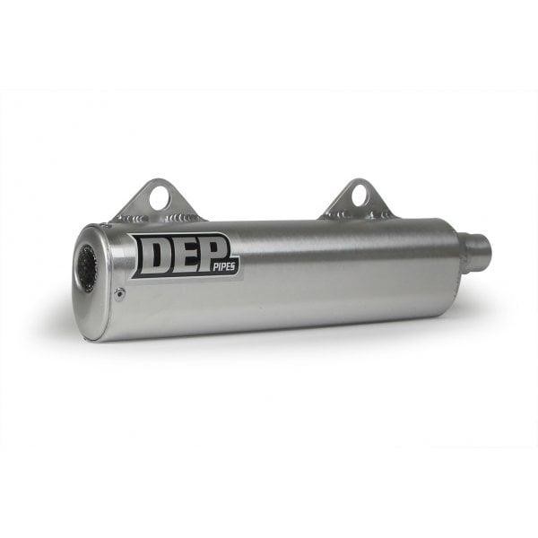 Silver metal exhaust silencer with a cylindrical shape, featuring the "DEP Pipes" logo, designed for Kawasaki KDX200 models from 1986 to 1988, with mounting brackets on each end.