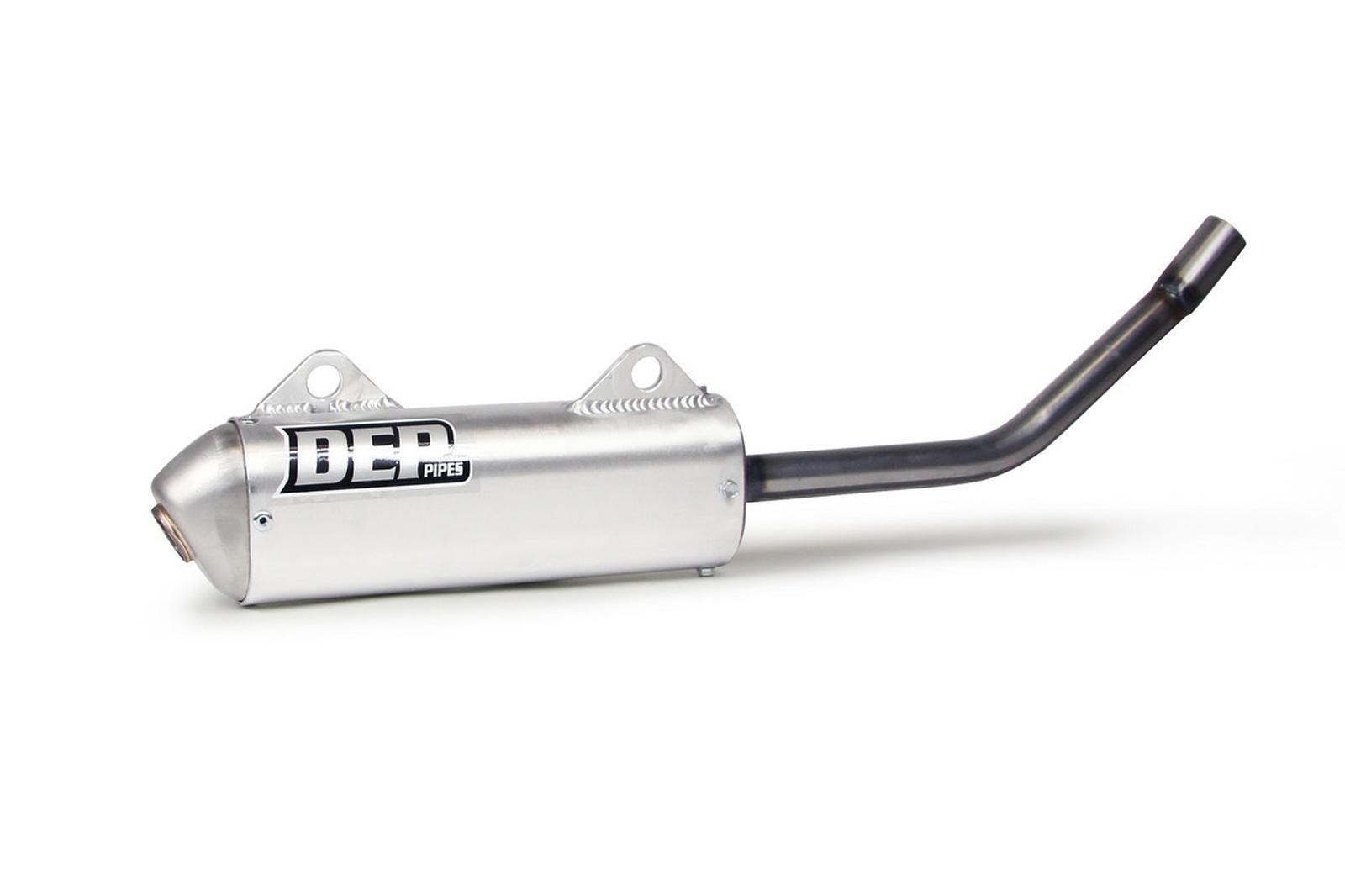 Silver oval exhaust silencer with a black curved pipe, featuring the DEP logo prominently displayed, designed for Kawasaki KX125 models from 1994.