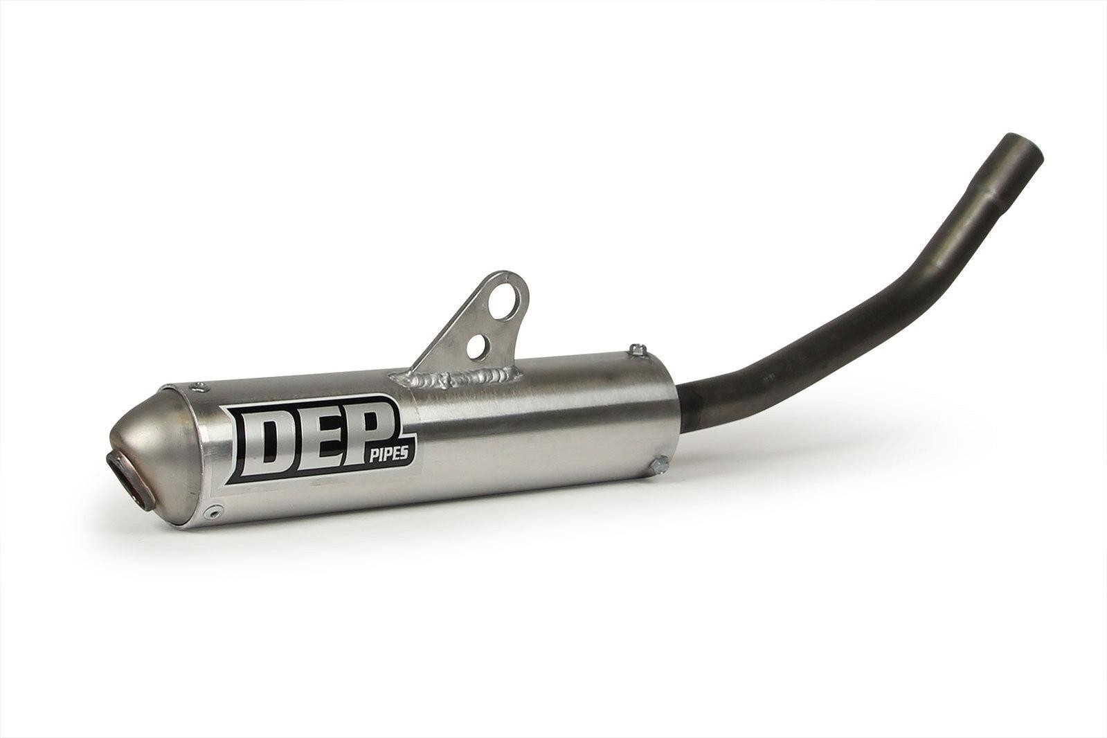 Silver metal exhaust silencer with a curved black pipe, featuring a prominent DEP logo in black on the side, designed for Kawasaki KX125 models from 1995 to 2002.