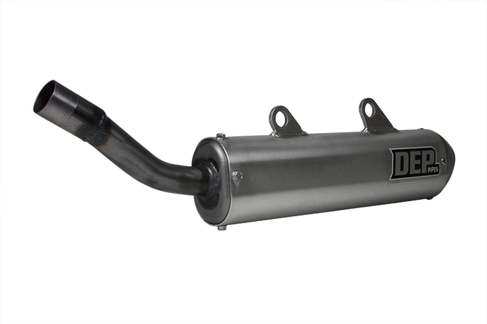 Silver oval exhaust silencer with a matte finish, featuring a curved outlet pipe and two mounting brackets, branded with a black DEP logo. Designed for Kawasaki KX250 models from 1990-93.
