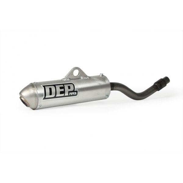 Silver metal exhaust silencer with a curved black pipe, featuring a prominent "DEP Pipes" logo in black on the side, designed for Kawasaki KX65 and Suzuki RM65 models from 2000-2010.
