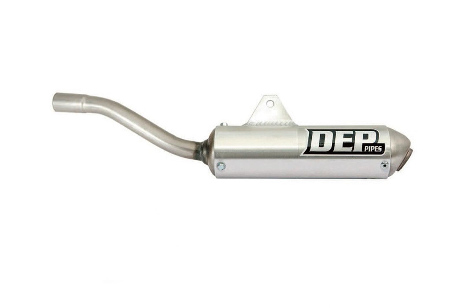 Round silver exhaust silencer with a curved outlet, featuring a black "DEP Pipes" logo, designed for Kawasaki KX85/80/100 models from 1992 to 2010.