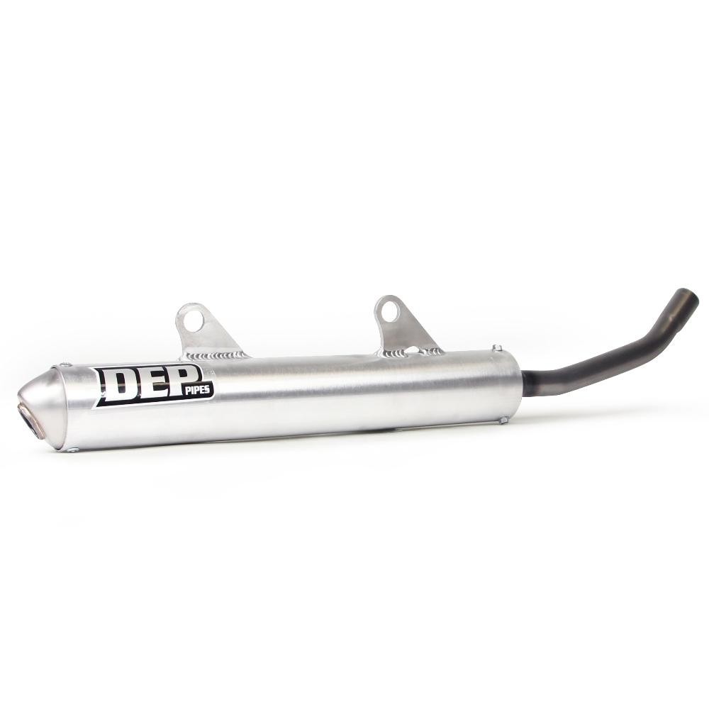Silver metal exhaust silencer with a curved black outlet pipe, featuring the "DEP" logo prominently displayed in black on the side, designed for KTM EXC and Husqvarna TE models.