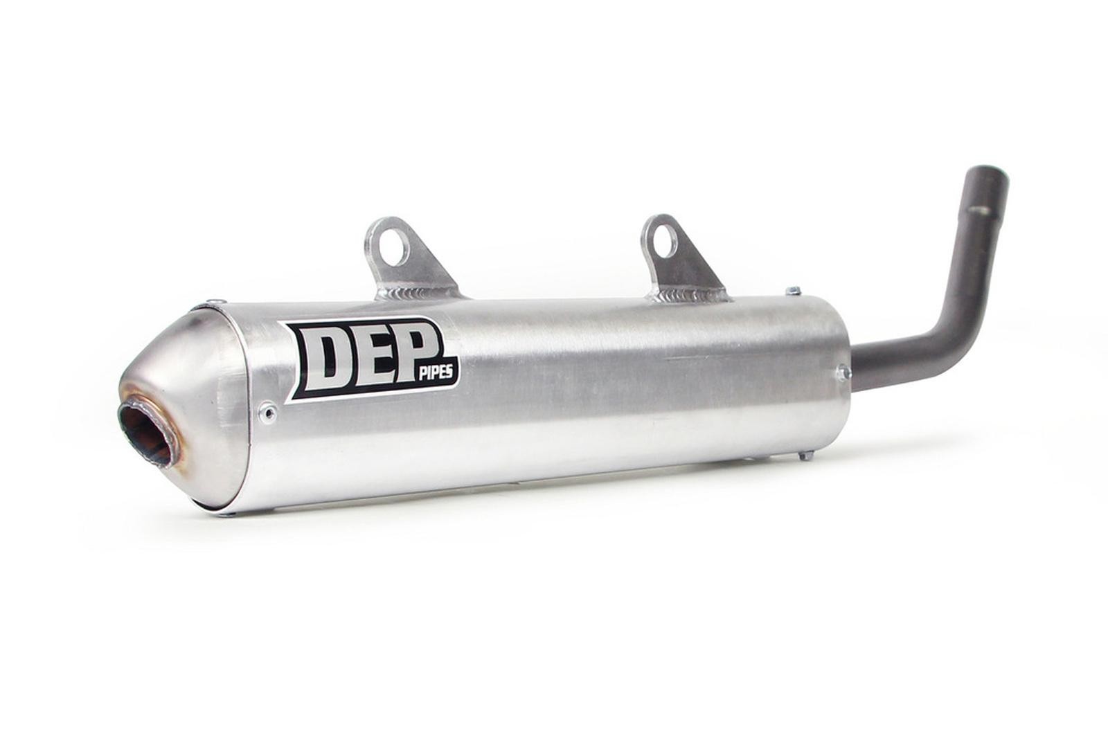 Silver aluminum exhaust silencer with a curved end, featuring the "DEP PIPES" logo prominently displayed, designed for KTM EXC 250/300 models from 2004 to 2010.