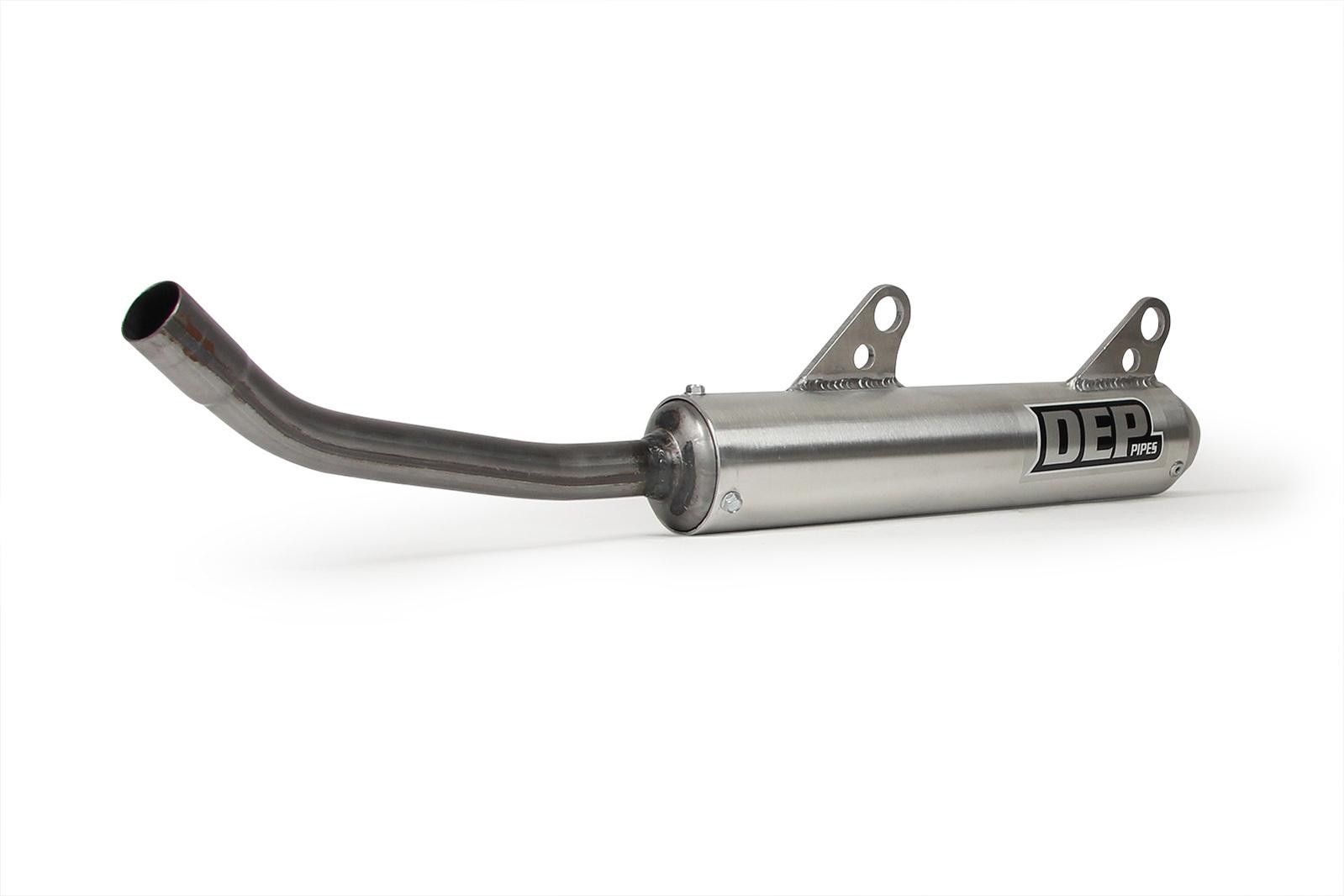 Silver stainless steel exhaust silencer with a curved outlet, featuring the "DEP" logo and two mounting brackets, designed for KTM SX 125/150 models from 2004 to 2010.