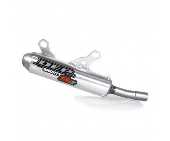 Silver exhaust silencer with a sleek design, featuring the DEP logo and "Shorty S" branding, designed for KTM SX 125/150 models from 2019 to 2022.