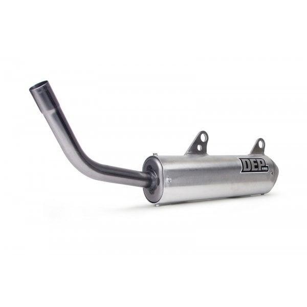 Silver stainless steel exhaust silencer with a curved outlet pipe, featuring the "DEP" logo, designed for KTM SX 200/250/300 models from 2003 to 2010.
