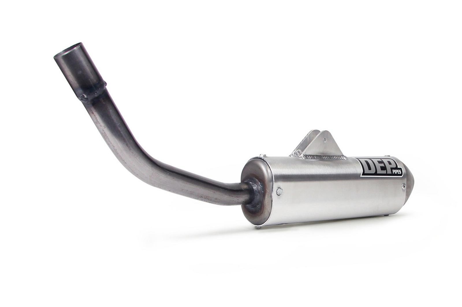Silver metal exhaust silencer with a curved black outlet pipe, featuring the "DEP" logo prominently displayed on the side, designed for KTM SX 250/300 models from 1998-2002.