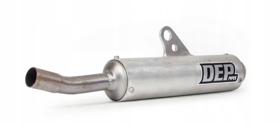 Round silver exhaust silencer made of metal, featuring a curved outlet pipe and a prominent black and white DEP logo, designed for KTM SX125 models from 2000 to 2003.