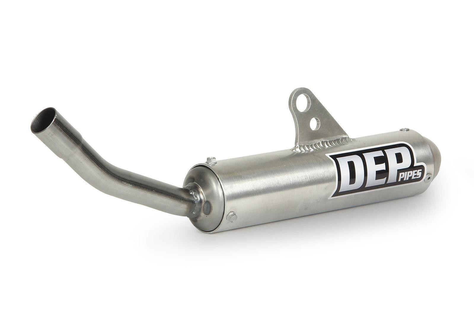 Silver metal exhaust silencer with a curved outlet, featuring a prominent black and white DEP logo, designed for KTM SX125 and Husqvarna TC125 models from 2016 to 2018.