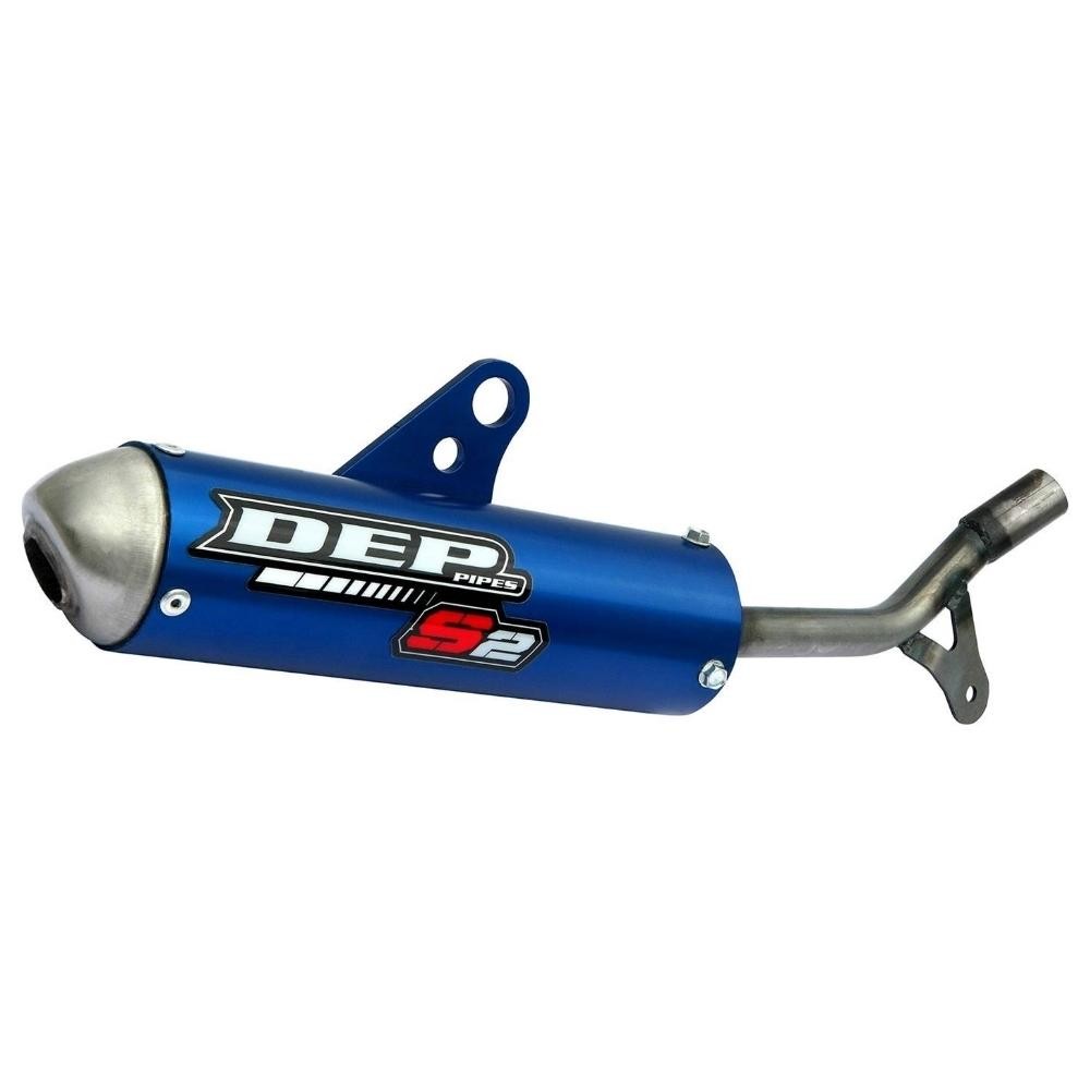 Blue metal exhaust silencer with a polished silver tip, featuring the DEP logo and model designation "S2," designed for KTM SX50 models from 2016 to 2022.