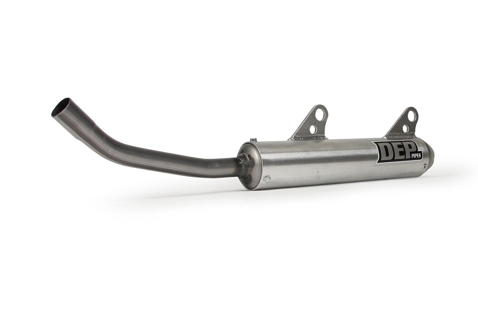 Silver metal exhaust silencer for KTM SX50 (2016-on) with a sleek design, featuring the DEP logo, two mounting brackets, and a curved outlet pipe.