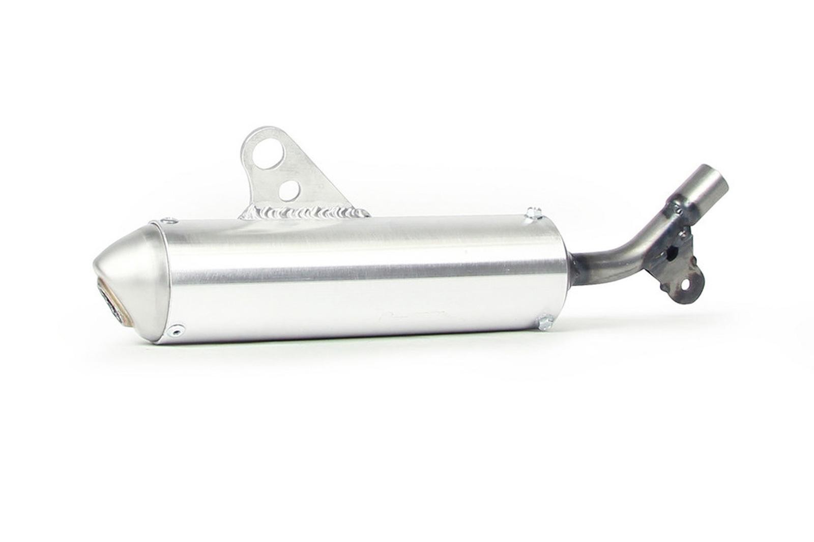 Silver round exhaust silencer with a polished aluminum body, featuring a tapered end, a mounting bracket, and a black exhaust pipe, designed for KTM SX50 Senior models from 2002 to 2008.